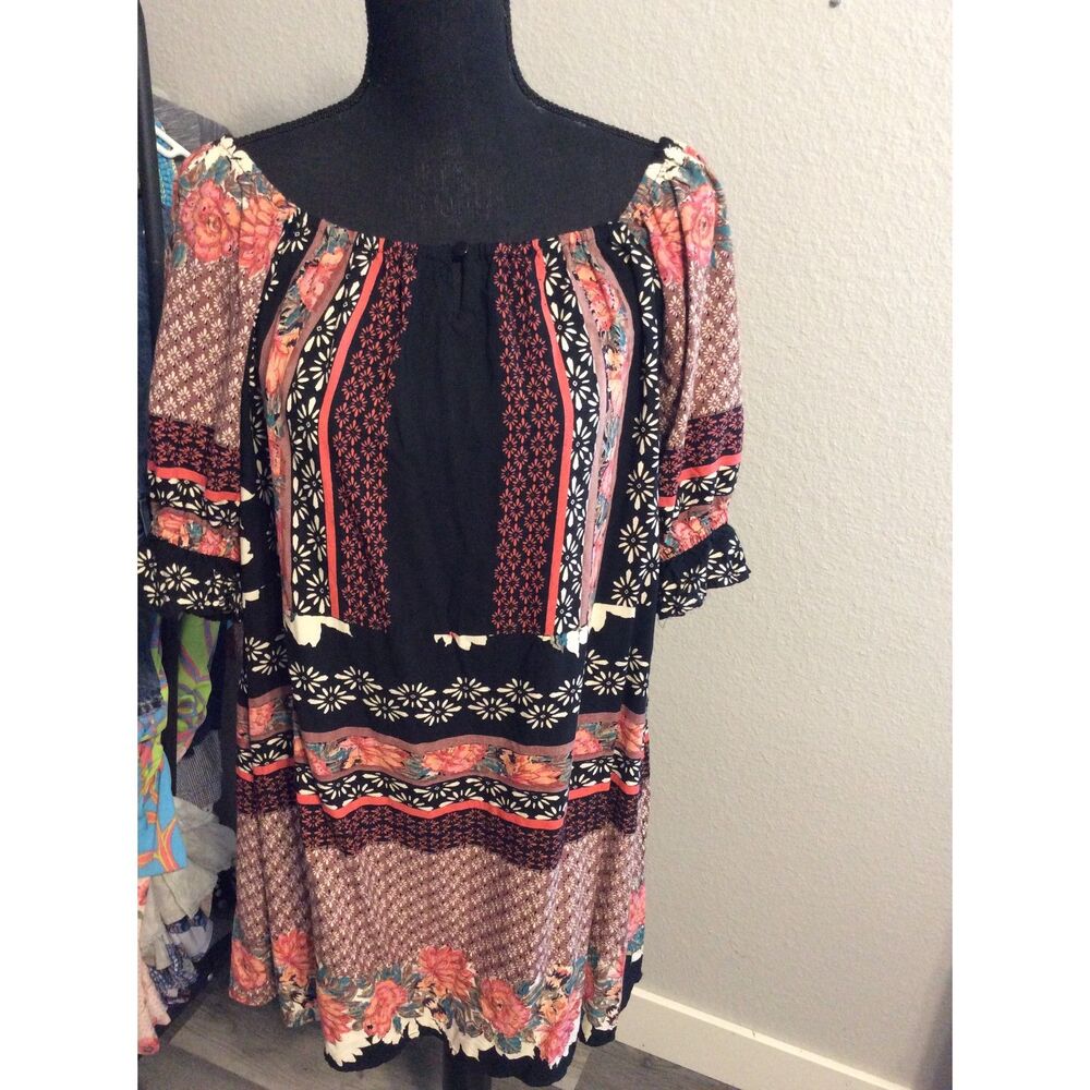 Boho Medium M Floral Print Dress Loose Hippie